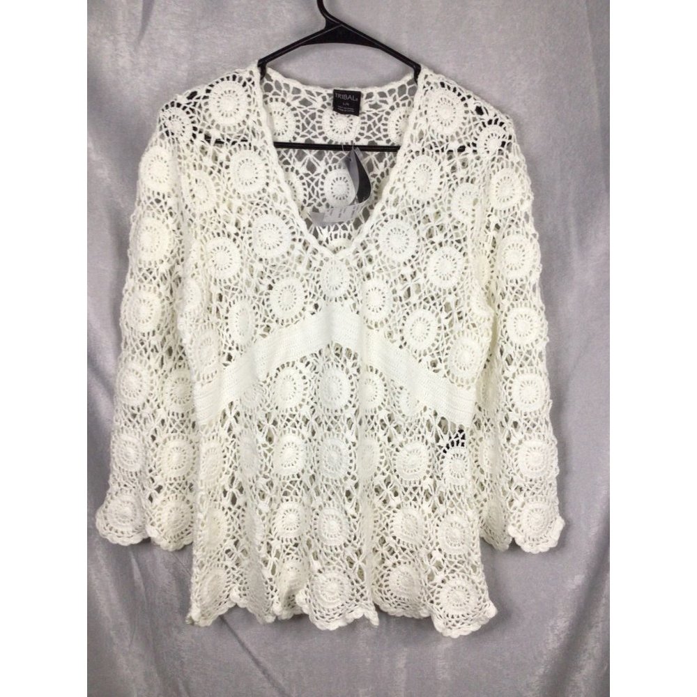 Women's White Crochet 3/4 Sleeve Sweater Size Large by Tribal NWT